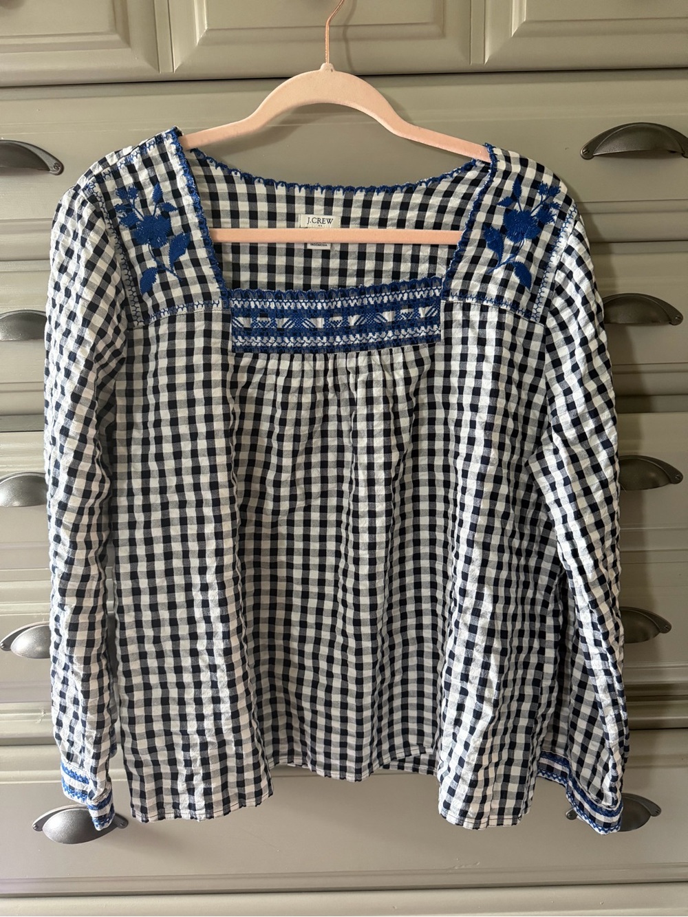 J. Crew Navy & White Gingham Embroidered Peasant Blouse